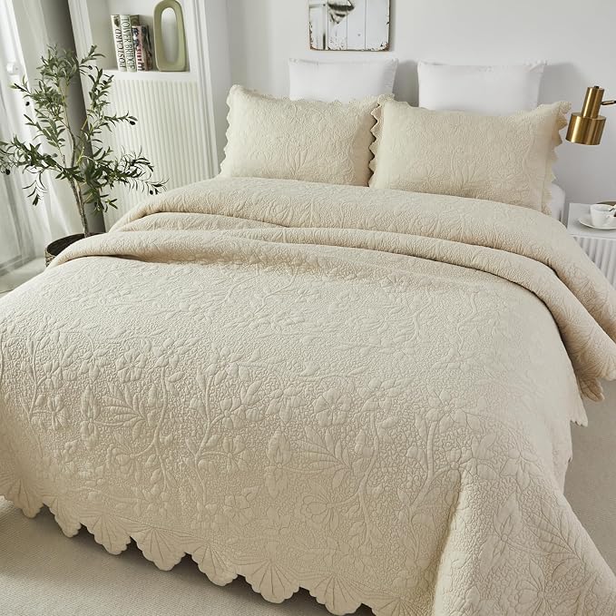Brandream Beige Quilt Set King Size Cotton Luxury Matelasse Coverlet Set - Image 2