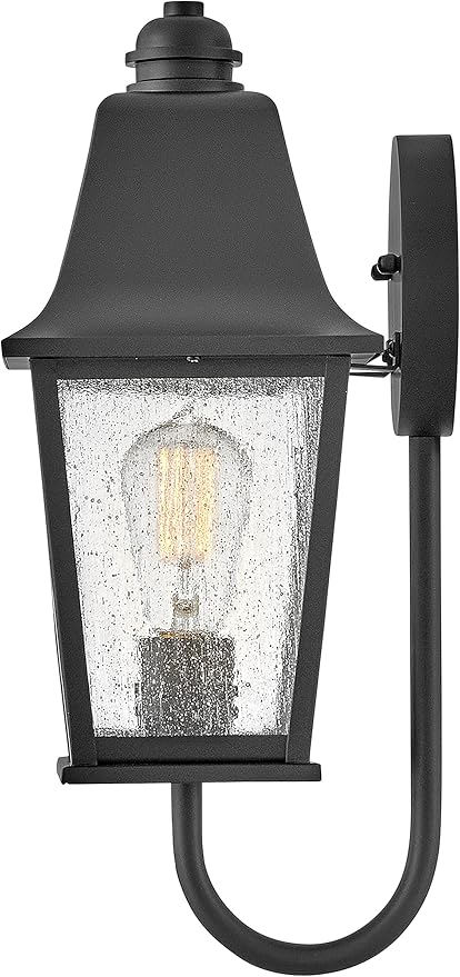 Hinkley Kingston Single Light Wall Mount Outdoor Lantern - Oversized Sweeping Roof & Bottom Arm, Aluminum, Clear Seedy Glass - Black Finish