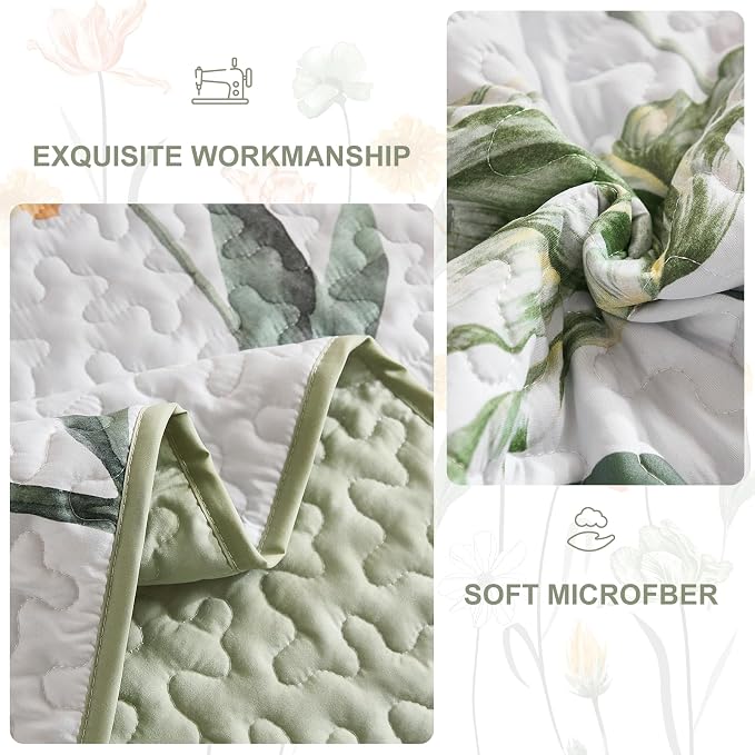 WONGS BEDDING 3 Pieces Quilt Set Full, Sage Green Floral Printed Quilted - Image 6