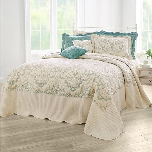 BrylaneHome Bedding Lightweight All Season Modern Amelia Quilted Damask Oversized Ultra Soft Bedspread - King, Ivory Seaglass