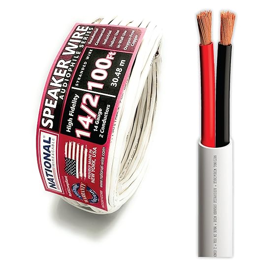 NATIONAL Wire&Cable - 14/2 Audiophile Speaker Wire (100 Feet) 14AWG Gauge - Made in USA - in Wall Audio Speaker Wire Cable/CL Rated/ETL Listed / 2 Conductors - OFC Oxygen-Free Copper, White 100ft