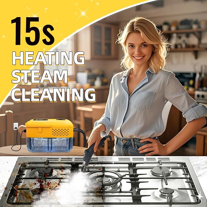 Heavy Duty Handheld Steam Cleaner, 15s Heat-Up, 9-Level Adjustable 2500W Pressurized Steamer for Cleaning with 14 Accessories, Multipurpose Portable Steam Cleanr for Home, Car, Grease, Grout（Yellow）