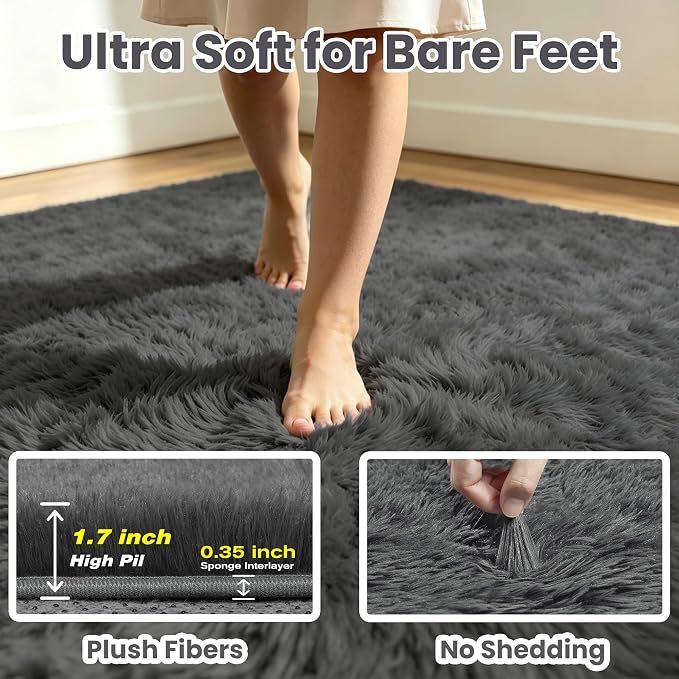4x6 Fluffy Area Rug for Living Room: Soft Non-Slip Grey Shag Bedroom Carpet | - Image 7