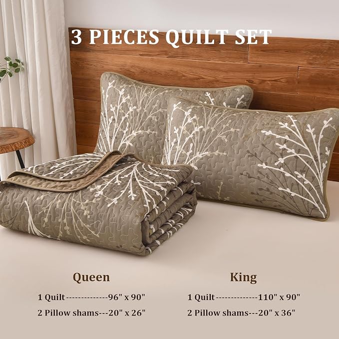 DJY Brown Quilt Set King Size Branch Botanical Bedspread Coverlet Set | 3 - Image 8
