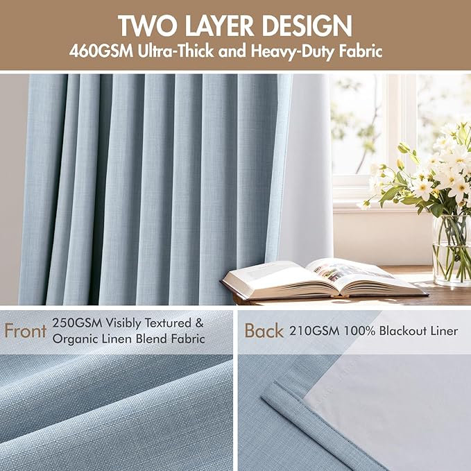 MIULEE Pinch Pleated 100% Blackout Curtains 40"x102" Chambray Blue 4 Panels | - Image 4