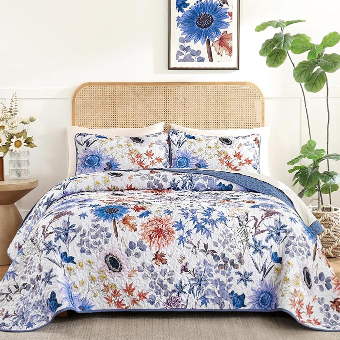 Yiran Blue Floral Quilts Queen Size, Sunflower Botanical Bedding Set | Spring by Yiran