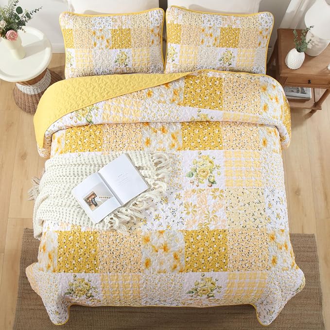 Mybedsoul Patchwork Quilt King Size, Soft Yellow Boho Floral King Bedspreads - Image 5