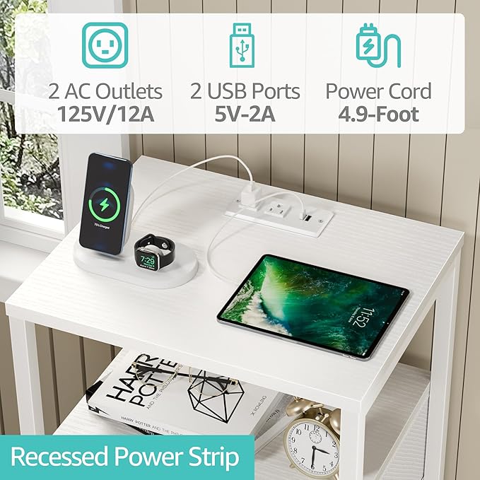 BOLUO White Night Stand with 3 Fabric Drawers, Nightstand with Charging Station - Image 4