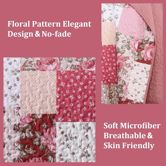 Anibedding Floral Patchwork Quilt Set Queen Size, Soft Lighweight Farmhouse - Image 3