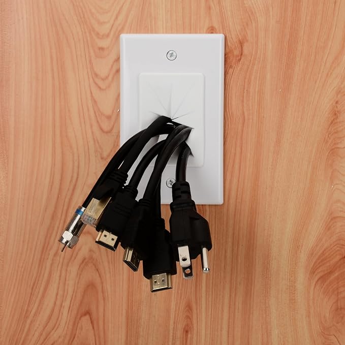 Kebulldola 1 Gang Cable Wall Plate Pass Through with Low Voltage Mounting Bracket, in Wall Grommet Kit Built in Flexible Rubber Passthrough for Low-Voltage Cable Easy Install, 6 Pack White