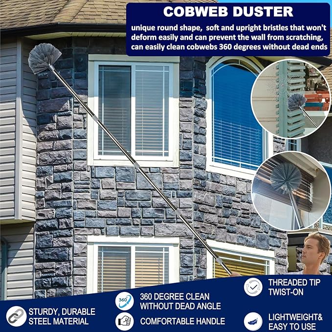 20+ Feet High Reach Duster Kit with 3-14 ft Extension Pole for Cleaning Fan, Spider Web, High Ceiling, Blinds, Furniture, Cars - Cobweb Microfiber Duster // Outdoor & Indoor Extendable Duster