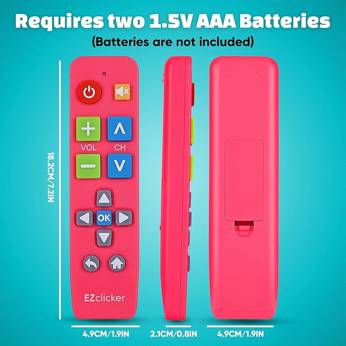 EZclicker Plus Big Button Universal TV Remote (Pink) Simple Easy to Use, Works with Major TV Brands (2xAAA Batteries Not Included)