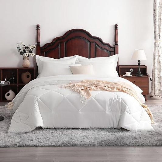 7-Piece King Comforter Set with Sheets – Soft and Breathable All-Season King Bed in a Bag, Down Alternative Comforter Set Solid Color All Season, White