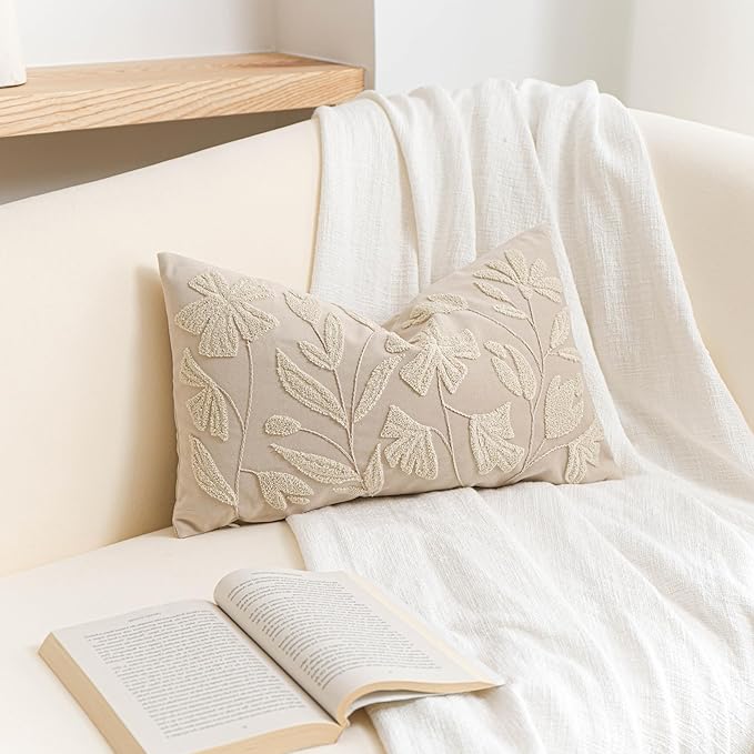 BlissBlush Light Beige Soft Velvet Decorative Accent Lumbar Throw Pillow Cover 12X20, Neutral Floral Tufted Soft Farmhouse Textured Pillowcase, Accent Pillowcase for Couch Sofa Bed Living Room