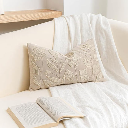 BlissBlush Light Beige Soft Velvet Decorative Accent Lumbar Throw Pillow Cover 12X20, Neutral Floral Tufted Soft Farmhouse Textured Pillowcase, Accent Pillowcase for Couch Sofa Bed Living Room