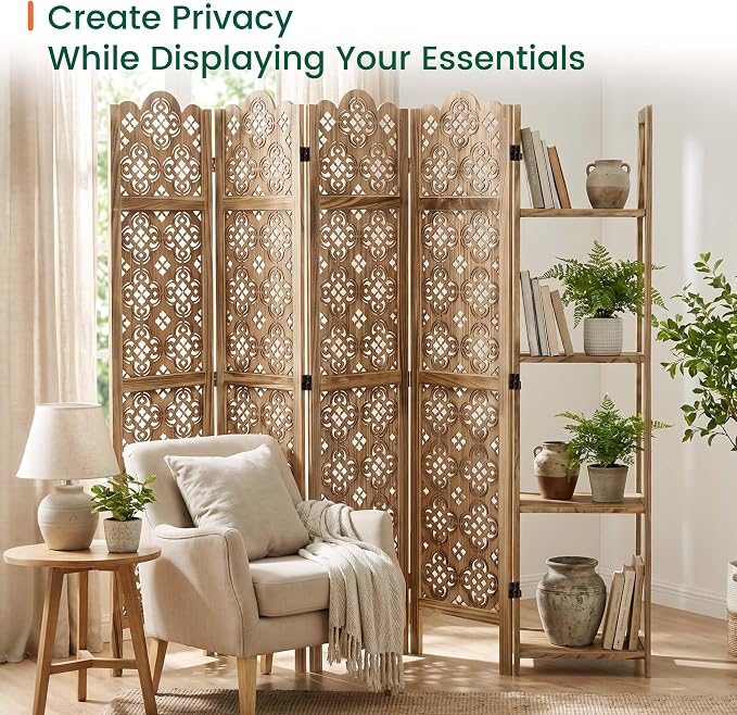 Svimi Wood Room Divider with 4-Tier Shelves, 4 Panel Privacy Screen | 4-panel - Image 6
