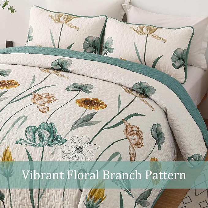 WONGS BEDDING Floral Quilt Set King Size, Aqua Botanical Coverlet | Farmhouse - Image 8