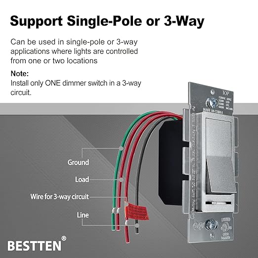 BESTTEN Matte Silver Dimmer Light Switch, Single Pole or 3-Way, Compatible with Dimmable LED, CFL, Incandescent and Halogen Bulb, 120VAC, Signature Collection Series, UL Listed