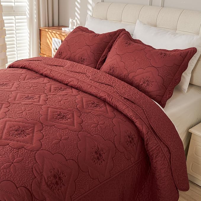 Cmfshape Floral Embroidery Quilt Set, 3 Pieces Queen Quilt Bedding Set - Image 5