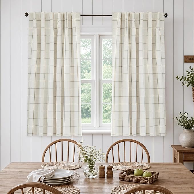 DriftAway 100% Blackout Windowpane Plaid Linen Curtains 45 Inches Taupe | - Image 2