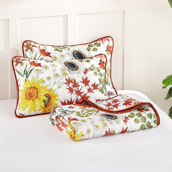 Yiran Fall Floral Quilt Set Queen Size, Microfiber Coverlet - Image 9