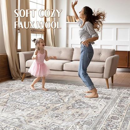 10x12 Area Rug Living Room: Washable Boho Large Neutral Vintage Soft Rugs Stain Resistant Farmhouse Non Slip Indoor Floor Carpet for Bedroom Nursery Kids Playroom Office Dining Room- Ivory Gray