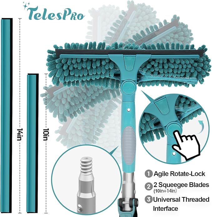 TelesPro 36 Feet High Reach Window Squeegee with 7-30 Ft Extension Pole, Window Cleaner Tool with 5-Stage Telescoping Pole, Window Cleaning Kit with Rotatable Head (2 Squeegee & 2 Microfibre Cloths)