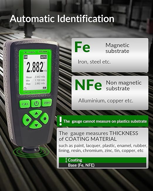 Digital Coating Thickness Gauge CM-208FN / Automatic Thickness Paint Meter for Steel and Aluminum with Resolution 0.001mils /0.1um (Fe/Al)