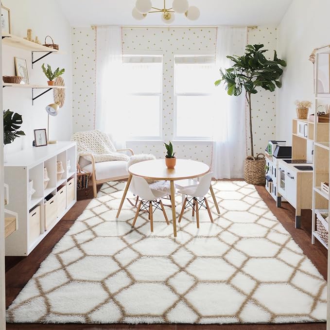 7x9 Area Rugs for Living Room Bedroom, Large Fluffy White and Beige Throw Rug - Image 9