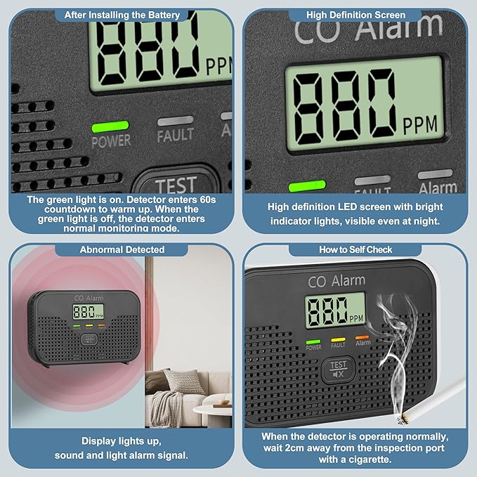 Carbon Monoxide Detector Powered by AA Battery (not Included),CO Monitoring Alarm with LCD Display Screen, Used for Home Basement Kitchen, Hotel Garage, Bedroom, Living Room Voice Alarm 4 Pack