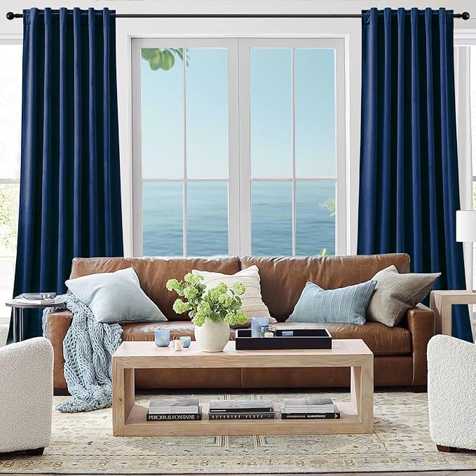 Extra Long Navy Blue Velvet Blackout Curtains 102 Inches Room Darkening | Black - Image 7