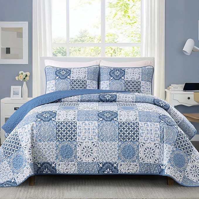 Quilt Set Queen Boho Plaid Patchwork Bedspreads Coverlet, Mineral Blue | 3Pcs by Dobuyly