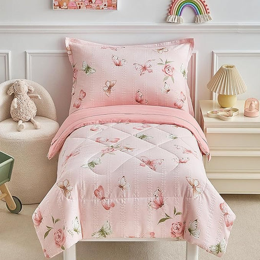 DuShow Pink Butterfly Toddler Bedding Set for Girls,4 Pieces Toddler Bed Set,Seersucker Toddler Comforter Set,Includes Comforter,Flat Sheet,Fitted Sheet and Pillowcase