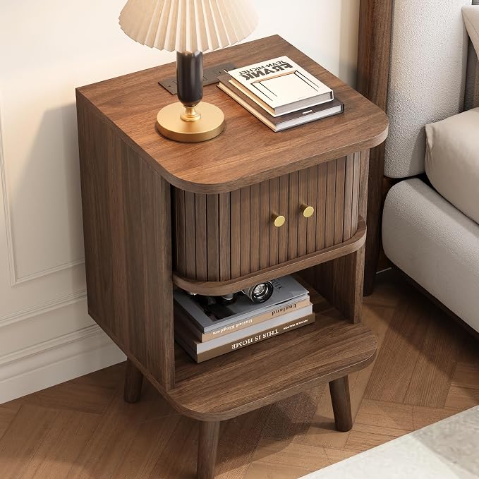 Decofy Fluted Nightstand Set of 2, Charging Station & Sliding Doors, Walnut | - Image 6