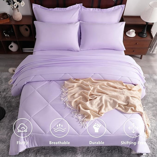 NTBAY Queen Comforter Set with Sheets, 7 Pieces Soft and Breathable Queen Bedding Set, Bed in a Bag, Down Alternative Comforter Set Solid Color All Season, Queen Bedding Set, Light Purple