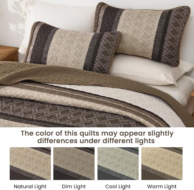 Dinjoy Boho Queen Quilt Set, Striped Bedspread Queen Size, Taupe | 3 Pieces - Image 4