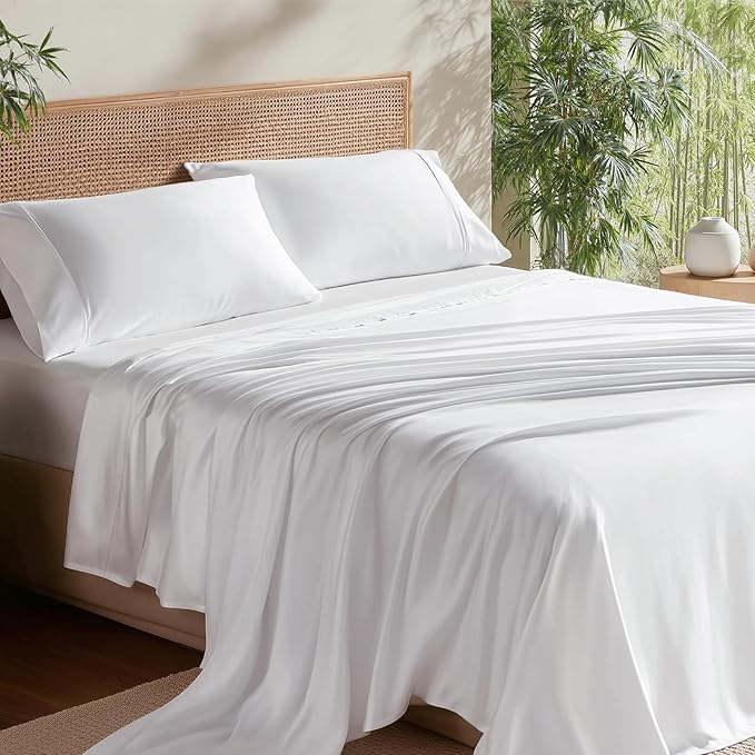 Bedsure Queen Sheet Set, Cooling Sheets for Queen Size Bed Set, Rayon Derived from Bamboo, Breathable & Soft, Deep Pocket Up to 16 Inches, Hotel Luxury Silky Bedding for Hot Sleepers, White