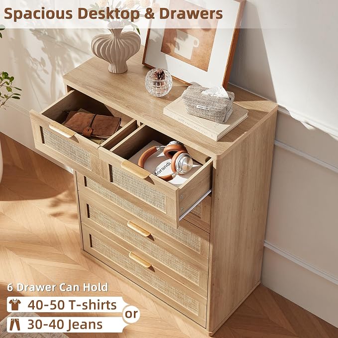 LEYAOYAO Rattan Dresser for Bedroom Set 2, Oak Modern 6 Drawers Boho Dressers - Image 5