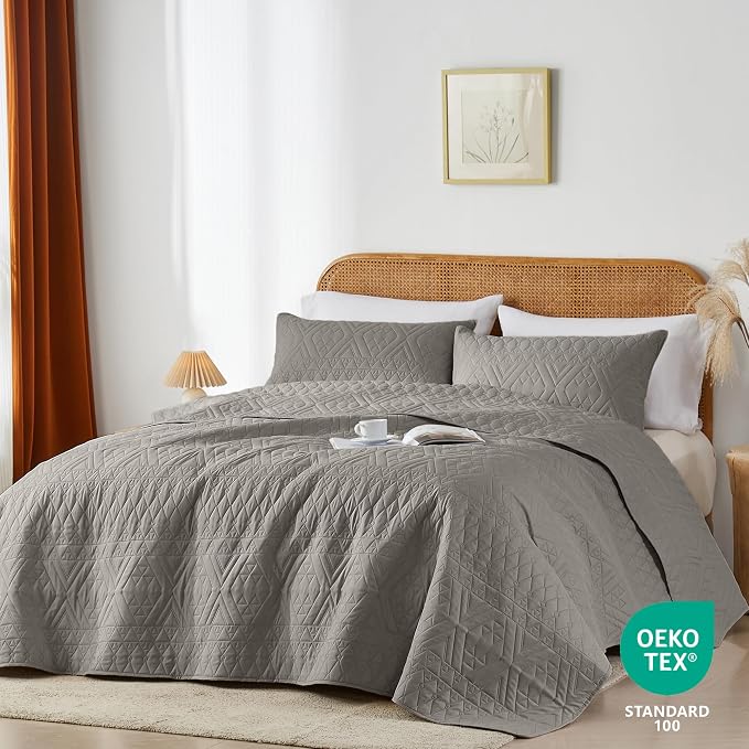 akkialla King/Cal King Size Quilt Bedding Set, Dark Grey Lightweight Microfiber - Image 2