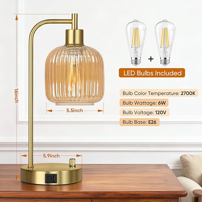 Champagne Glass Table Lamps Set of 2, Dimmable Bedside Lamps - Image 3