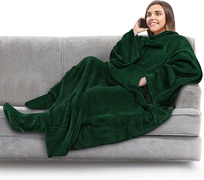 PAVILIA Fleece Blanket with Sleeves, Foot Pockets for Women Men Adults, Plush Wearable Blanket Throw Wrap, Warm Snuggle Blanket Robe, Cozy Gift Ideas Wife Mom, Dark Green