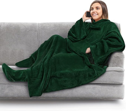 PAVILIA Fleece Blanket with Sleeves, Foot Pockets for Women Men Adults, Plush Wearable Blanket Throw Wrap, Warm Snuggle Blanket Robe, Cozy Gift Ideas Wife Mom, Dark Green