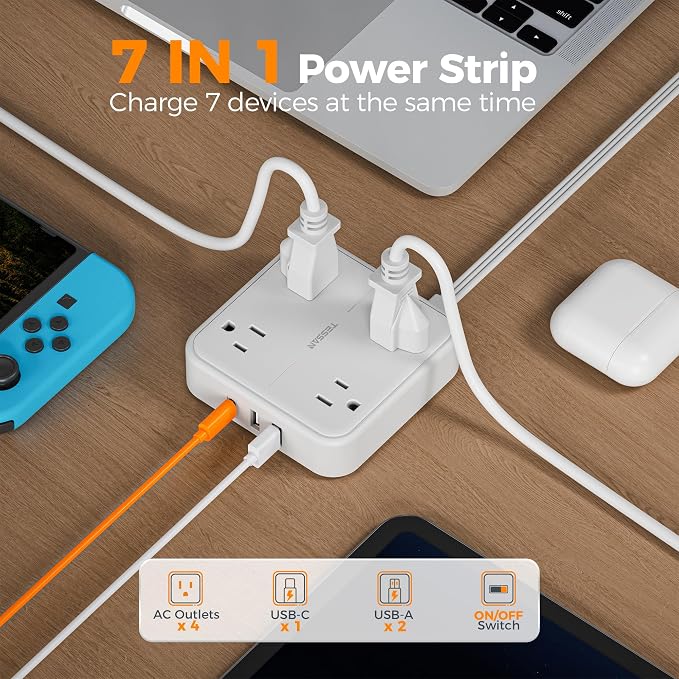 TESSAN Surge Protector Flat Extension Cord 15Ft, Flat Plug Power Strip | 4 - Image 3