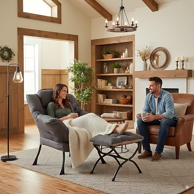 Lazy Chair with Ottoman, Comfy Accent Reading Chair, Dark Grey | Foldable - Image 2