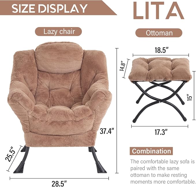 Lazy Chair with Ottoman, Comfy Accent Reading Chair, Plush Brown | Foldable - Image 3