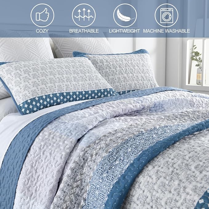WONGS BEDDING Blue Queen Size Quilt Set, 3-Piece Boho Stripe Bedspread | - Image 6