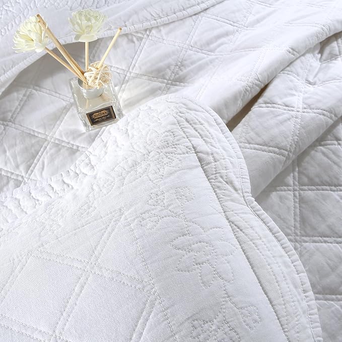 ROOMLIFE Quilt Set King Size 3D Floral Embroidery Pattern 3-Piece Cotton - Image 4
