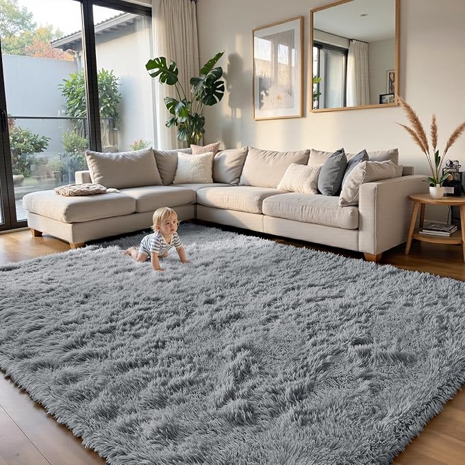 Light Grey 9x12 Area Rugs for Living Room, Fluffy Shag Rug Bedroom Carpet | - Image 2