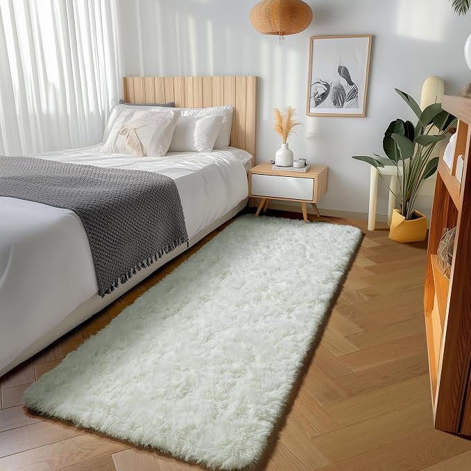 Cream White Runner Rugs for Bedroom Living Room, Ivory Fluffy 2x6 Bedside - Image 4
