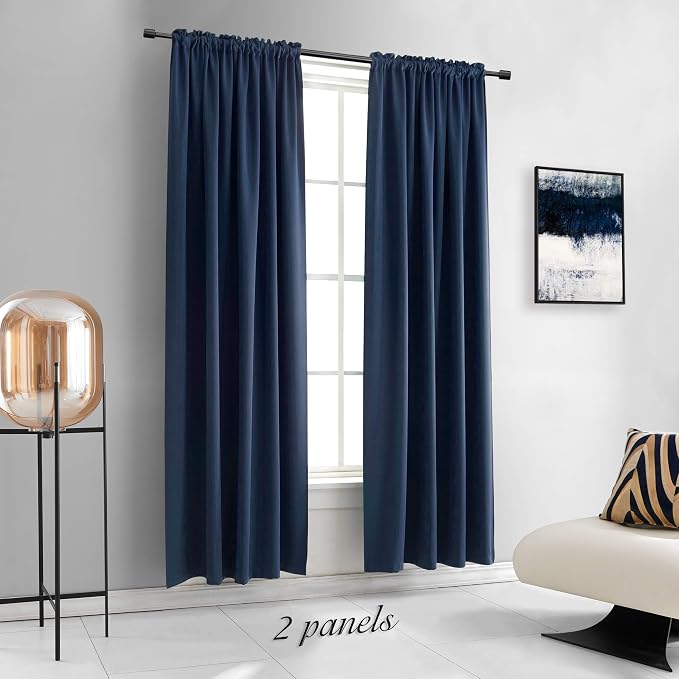 2 Panels 90 Inches Long Navy Blue Blackout Curtains - Image 2